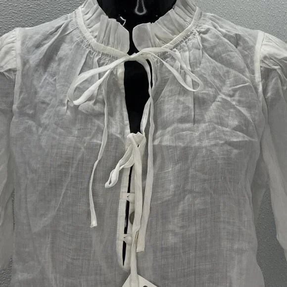 FRAME Women's Tie Neck Ruffle Popover Blouse White Size S